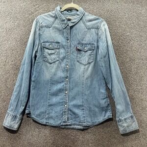 Levis Denim Pearl Snap Shirt Top Women Large Blue Cotton Western Cowgirl Ranch